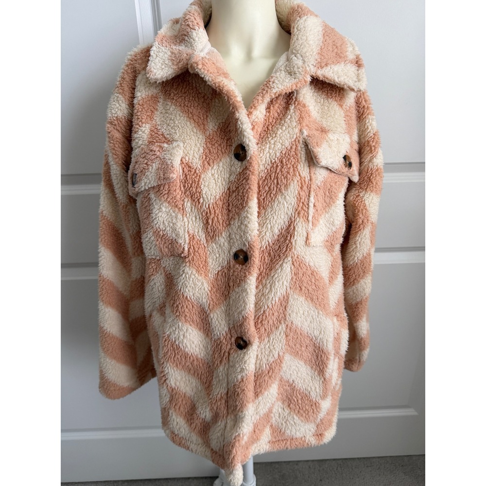 Billabong Womens Peach Cream Chevron Sherpa Fleece Button Down Shacket Jacket M